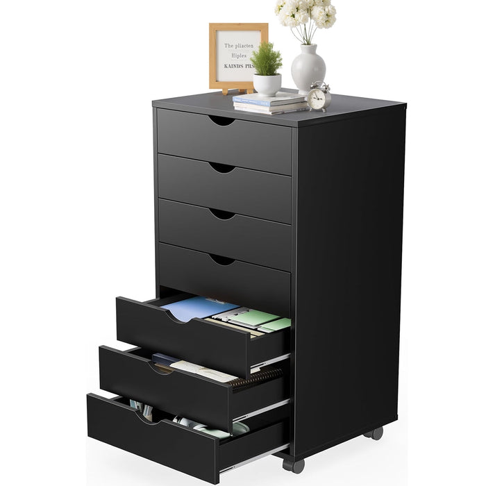 Simenmax 7 Drawer Chest Mobile Storage Cabinets Wooden Dresser with Wheels Room Organization Furniture for Office, Black
