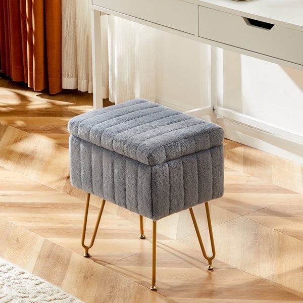 Taoset Vanity Storage Ottoma, Faux Fur Footrest Stool for Makeup with Gold Hairpin Legs, Padded Vanity Seat for Living Room & Bedroom, Gray