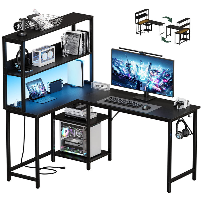 Taoset 53" Reversible L-Shaped Gaming Desk with Power Outlet & RGB LED Hutch, Black Convertible Corner Computer Desk with CPU Shelf, Headset Hooks & Multi-Tier Storage for Small Bedroom Dorm