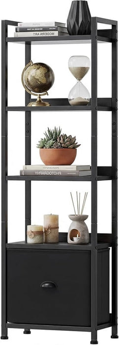 Bigleap 5-Tier Narrow Bookshelf with Fabric Drawer, Tall Slim Bookcase for Small Spaces, Industrial Storage Rack for Living Room, Bedroom, Home Office, Black
