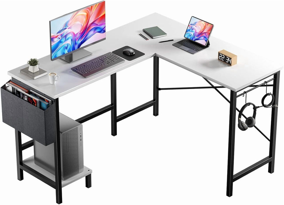 Simenmax Reversible L-Shaped Computer Desk with Storage Bag & CPU Holder, Corner Gaming Workstation, White
