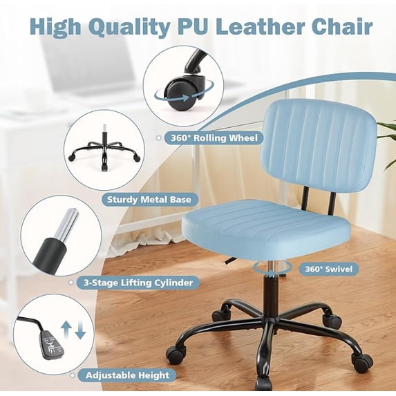Armless Office Desk Chair, PU Leather Ergonomic Task Chair with Low Back Lumbar Support, Height Adjustable Swivel Computer Chair for Home Office