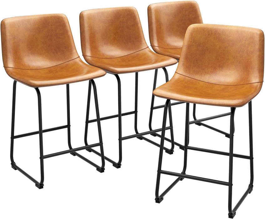 Blorly 4-Pack Counter Height Bar Stools, Faux Leather Barstools with Back, 26 inch Seat Height Island Stools Countertop Brown Bar Chairs with Metal Legs