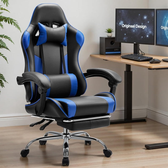 Nextay High-Back Gaming Chair with Footrest, PU Leather Ergonomic Desk Chair, Adjustable Lumbar Support & Linkage Armrest, 275 lbs Capacity, Black/Blue