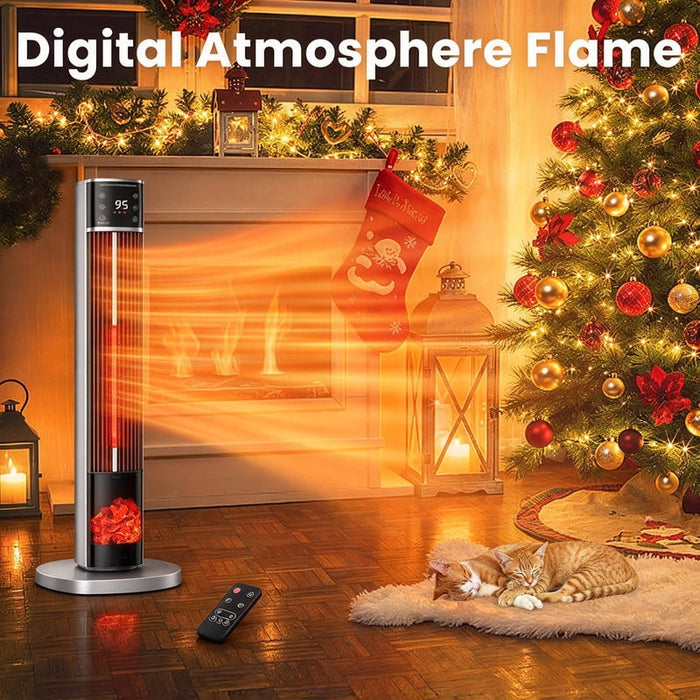 Betcozy 1500W Oscillating Tower Space Heater with 3D Flame Effect, Remote Control, 3 Heat Modes, 15-Hour Timer, Child Lock, Silver