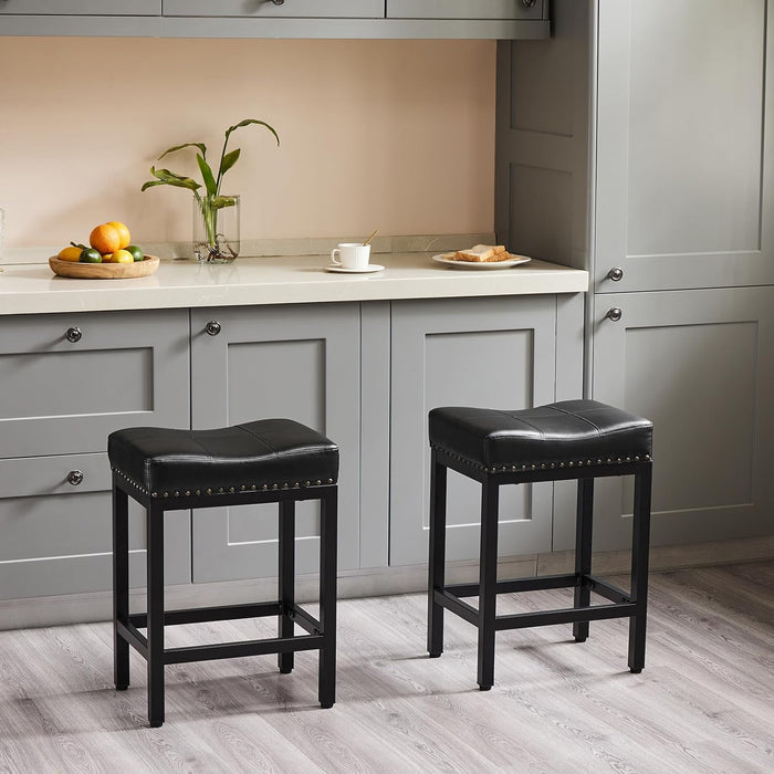 Blorly Saddleback Bar Stools, Backless Counter Stools, Metal Base with Modern PU Leather Saddle Seats, Black, Set of 6