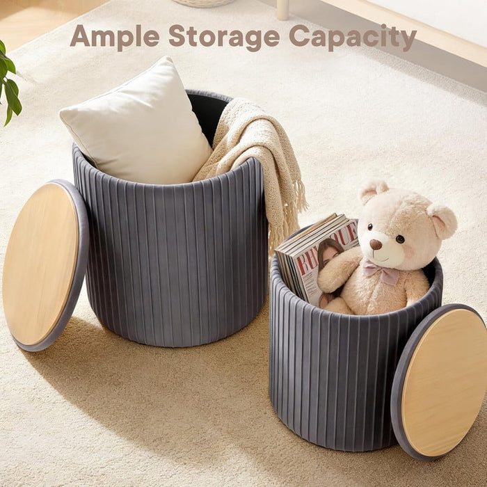 Nextay 2pcs Velvet Storage Ottomans â€?Round Vanity Stool & Foot Rest Set with Hidden Storage Compartment, Space-Saving for Living Room, Bedroom, and Entryway, Gray
