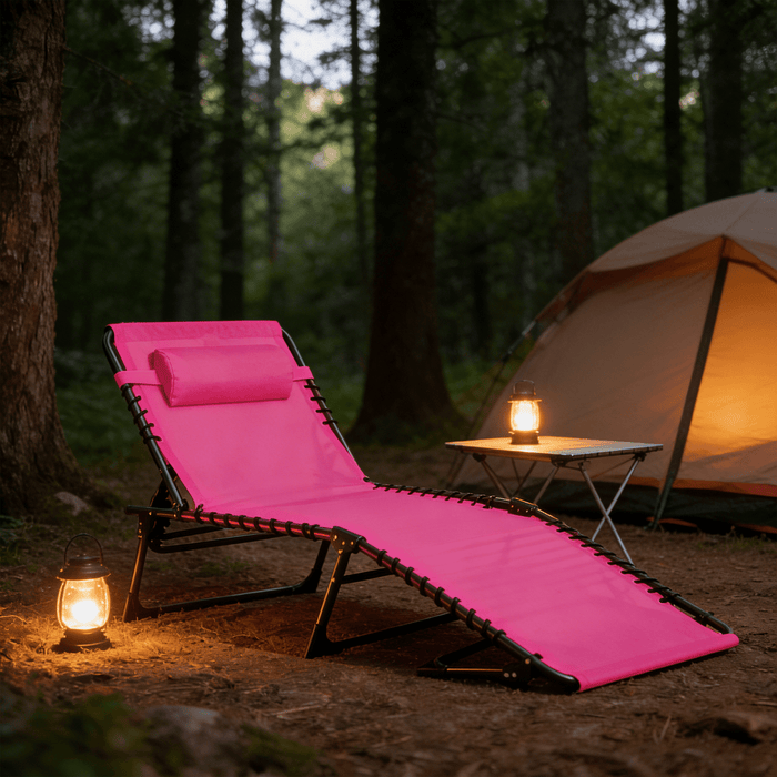 Betcozy Folding Camping Cot, Adjustable Reclining Lounge Chair with Pillow for Patio Lawn, Beach, Supports 250LBs, Pink