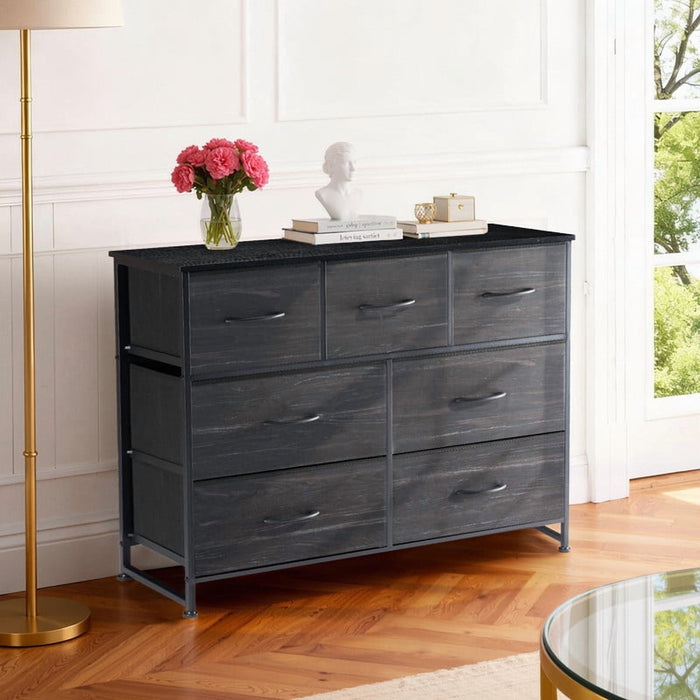 Bigleap 7 Drawer Dresser TV Stand, Dresser with Metal Frame and Wood Top, Chest of Drawers for Bedroom, Living Room,Black Wood