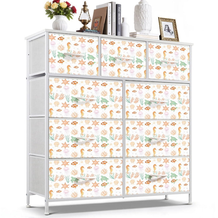Taoset Kids Storage Dresser for Coastal Nursery - 9 Drawer Beach House Fabric Chest, Under the Sea Ocean Animals Print Organizer for Bedroom Playroom