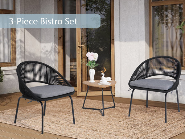 3 Pieces Rocking Bistro Set, Patio Rattan Furniture Conversation Chairs with Coffee Table & Cushions for Balcony Porch Poolside