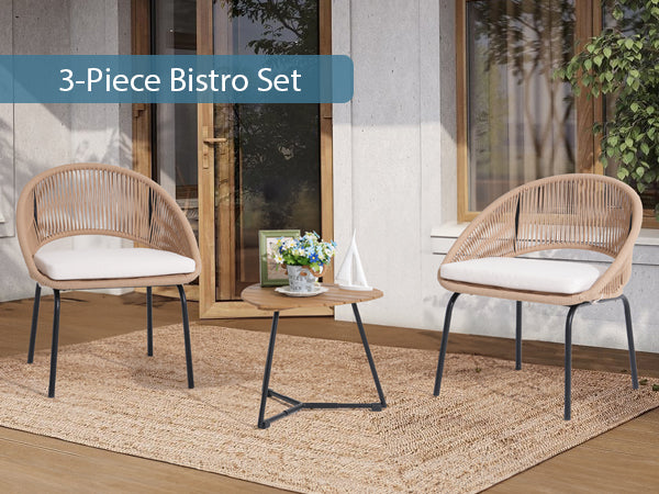 3 Piece Outdoor Bistro Set, Woven Rope Conversation Patio Set, All Weather Patio Furniture Chairs with Cushions and Coffee Table for Porch, Balcony, Garden, Backyard