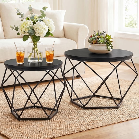 Aidoly 2-Piece Round Nesting Coffee Table Set with Hidden Storage, Modern Geometric Movable End Tables for Living Room