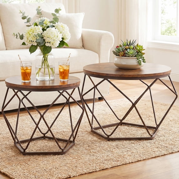 Aidoly 2-Piece Round Nesting Coffee Table Set with Hidden Storage, Modern Geometric Movable End Tables for Living Room