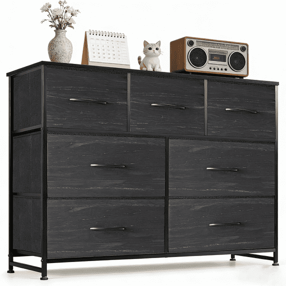 Aidoly Dresser for Bedroom, 7 Storage Drawers, Anti-Tip Wide Fabric Closet Organizer Tower Furniture, Wooden Top with Metal Frame
