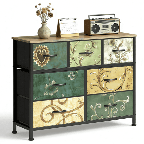 Aidoly Dresser for Bedroom, 7 Storage Drawers, Anti-Tip Wide Fabric Closet Organizer Tower Furniture, Wooden Top with Metal Frame