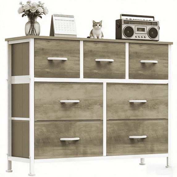 Aidoly Dresser for Bedroom, 7 Storage Drawers, Anti-Tip Wide Fabric Closet Organizer Tower Furniture, Wooden Top with Metal Frame