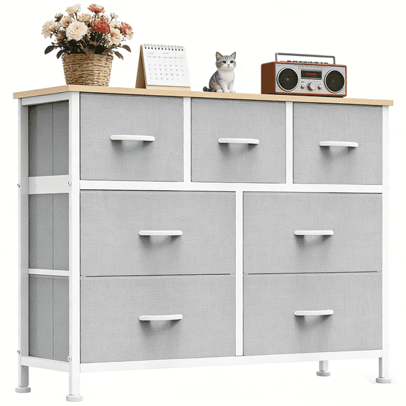 Aidoly Dresser for Bedroom, 7 Storage Drawers, Anti-Tip Wide Fabric Closet Organizer Tower Furniture, Wooden Top with Metal Frame