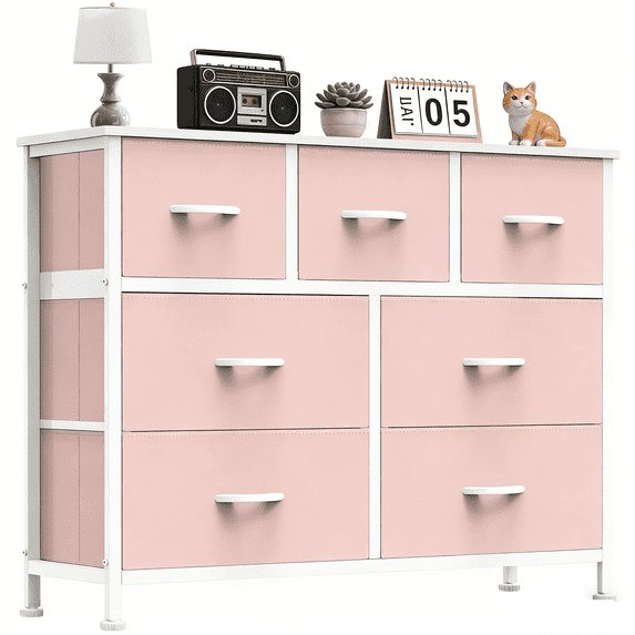 Aidoly Dresser for Bedroom, 7 Storage Drawers, Anti-Tip Wide Fabric Closet Organizer Tower Furniture, Wooden Top with Metal Frame