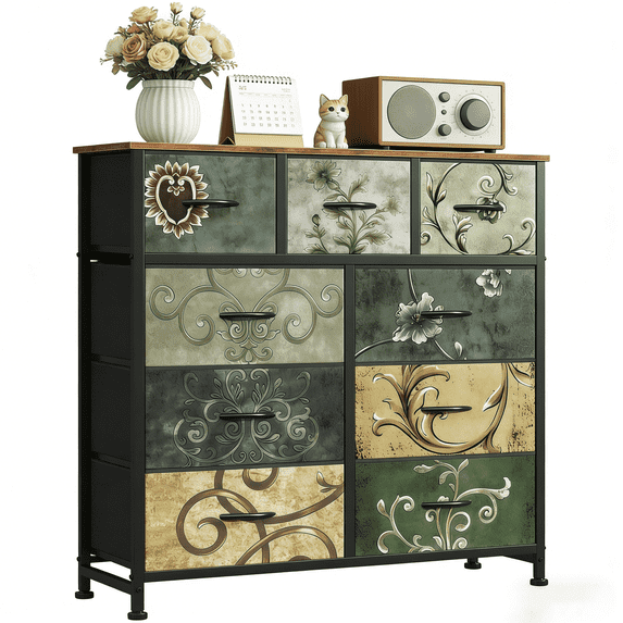 Aidoly 9-Drawer Dresser with Wooden Top, Adjustable Feet, Sturdy Metal Frame Dressers for Bedroom, Living Room