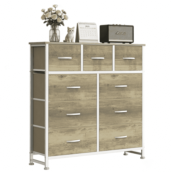 Aidoly 9-Drawer Dresser with Wooden Top, Adjustable Feet, Sturdy Metal Frame Dressers for Bedroom, Living Room