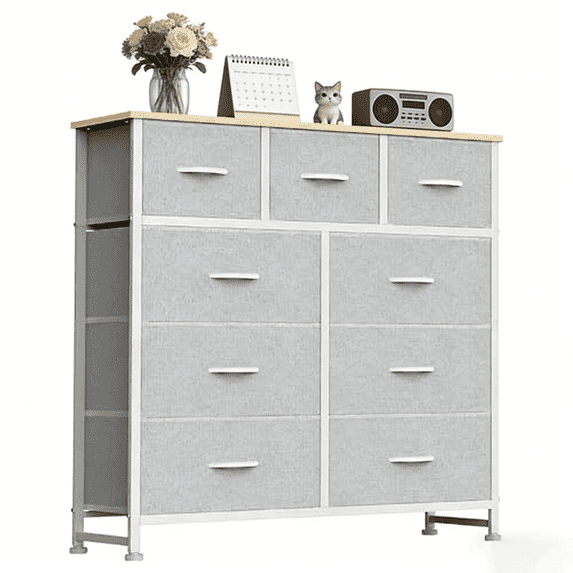 Aidoly 9-Drawer Dresser with Wooden Top, Adjustable Feet, Sturdy Metal Frame Dressers for Bedroom, Living Room