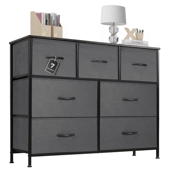 Aidoly Dresser for Bedroom, 7 Storage Drawers, Anti-Tip Wide Fabric Closet Organizer Tower Furniture, Wooden Top with Metal Frame