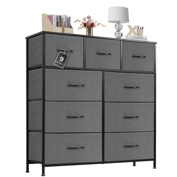 Aidoly 9-Drawer Dresser with Wooden Top, Adjustable Feet, Sturdy Metal Frame Dressers for Bedroom, Living Room