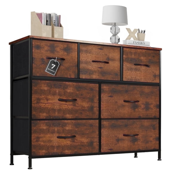 Aidoly Dresser for Bedroom, 7 Storage Drawers, Anti-Tip Wide Fabric Closet Organizer Tower Furniture, Wooden Top with Metal Frame