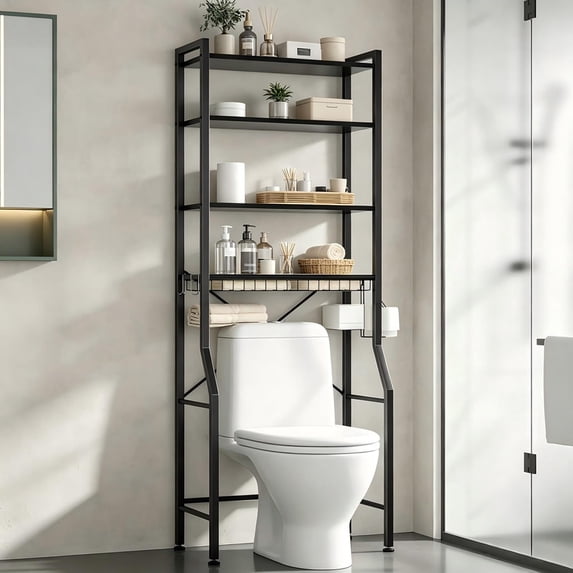 Aidoly Over-the-Toilet Storage Rack, 4-Tier Bathroom Organizer Featuring Adjustable Shelves, Integrated Toilet Paper Holder, and Multi-Purpose Side Hooks