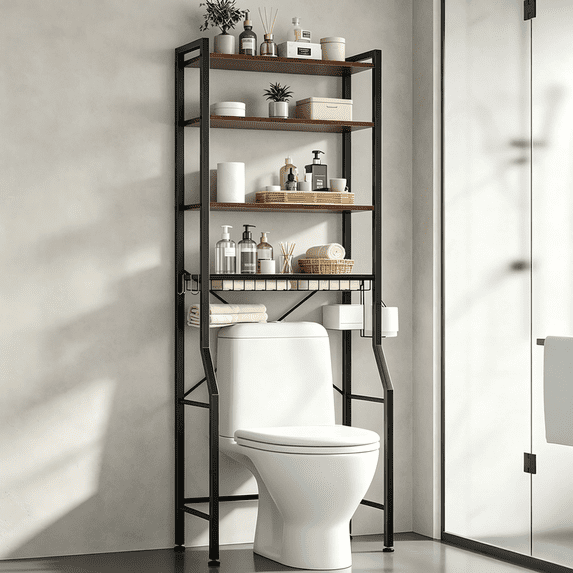 Aidoly Over-the-Toilet Storage Rack, 4-Tier Bathroom Organizer Featuring Adjustable Shelves, Integrated Toilet Paper Holder, and Multi-Purpose Side Hooks