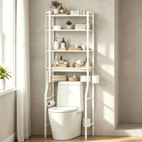 Aidoly Over-the-Toilet Storage Rack, 4-Tier Bathroom Organizer Featuring Adjustable Shelves, Integrated Toilet Paper Holder, and Multi-Purpose Side Hooks