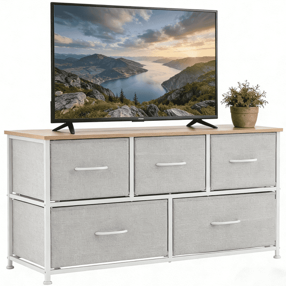 Aidoly 5-Drawer Dresser with Wooden Top, Adjustable Feet, Sturdy Metal Frame Dressers for Bedroom, Living Room