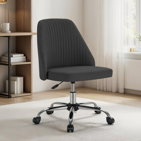 Armless Office Chair, Height Adjustable Swivel Desk Chair with Wheels, Modern Upholstered Task Seat for Home Office, Bedroom, Study and Makeup Vanity