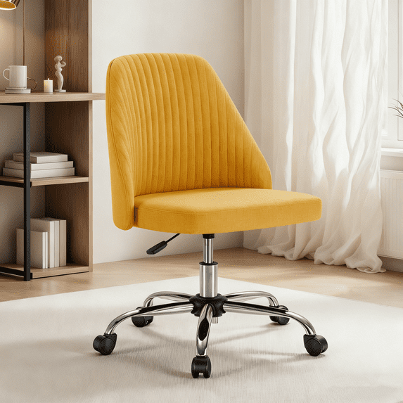 Armless Office Chair, Height Adjustable Swivel Desk Chair with Wheels, Modern Upholstered Task Seat for Home Office, Bedroom, Study and Makeup Vanity