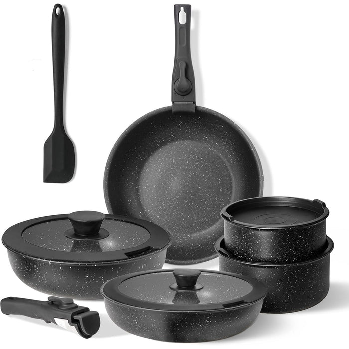 Beddle Pots and Pans Set Non Stick, 12-Piece Cookware Set with Detachable Handle, Oven Safe, Induction Ready, Stackable RV Kitchen Cooking Set