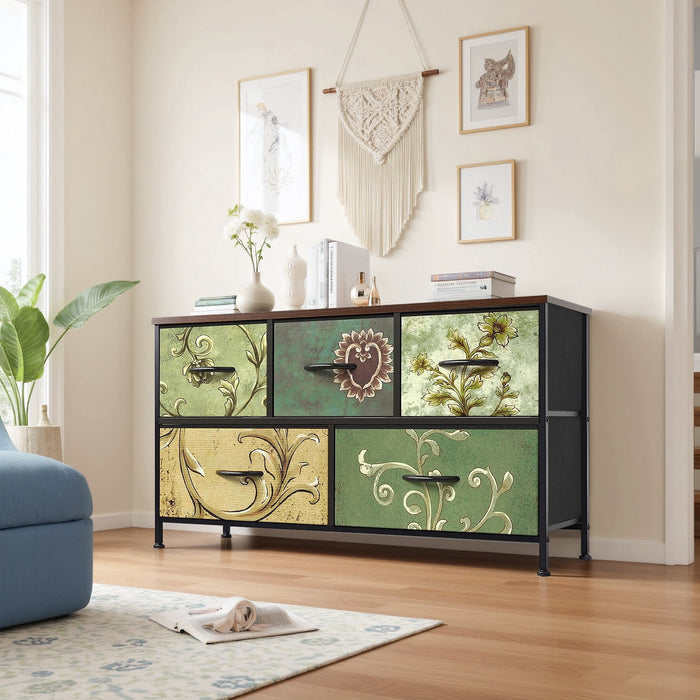 Beddle Dresser, 4-Drawer Fabric Storage Tower with Decorative Patterned Drawers, Tall Organizer Unit for Bedroom, Living Room or Hallway