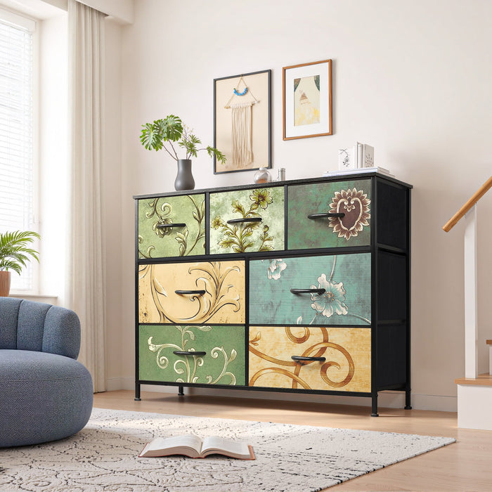 Beddle Dresser, 4-Drawer Fabric Storage Tower with Decorative Patterned Drawers, Tall Organizer Unit for Bedroom, Living Room or Hallway