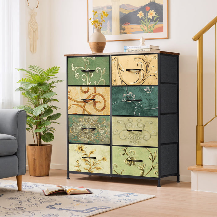 Beddle Dresser, 4-Drawer Fabric Storage Tower with Decorative Patterned Drawers, Tall Organizer Unit for Bedroom, Living Room or Hallway