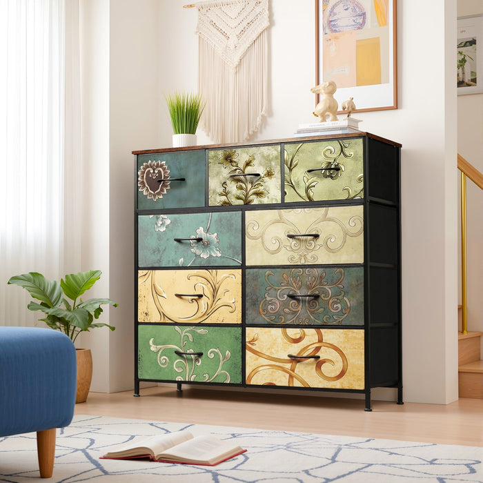 Beddle Dresser, 4-Drawer Fabric Storage Tower with Decorative Patterned Drawers, Tall Organizer Unit for Bedroom, Living Room or Hallway