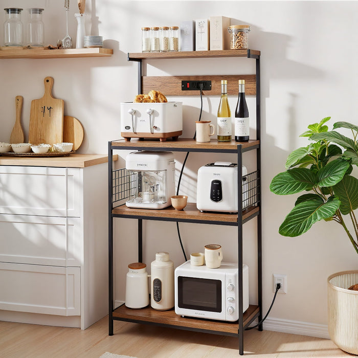 Beddle Kitchen Baker's Rack with Power Outlet, 23" Industrial 4-Tier Storage Shelf, Metal Frame with Gray Wood Shelves