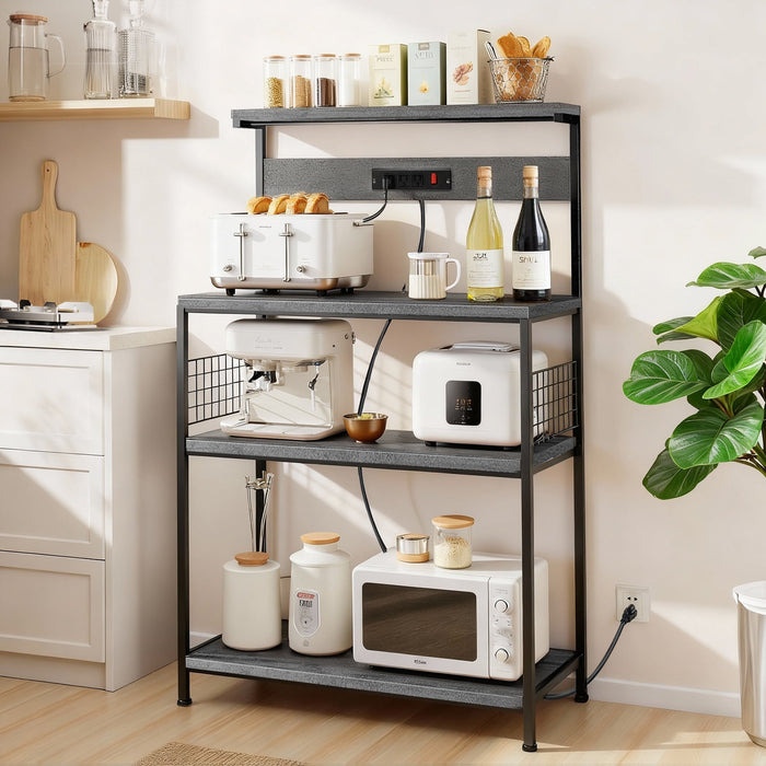 Beddle Kitchen Baker's Rack with Power Outlet, 23" Industrial 4-Tier Storage Shelf, Metal Frame with Gray Wood Shelves