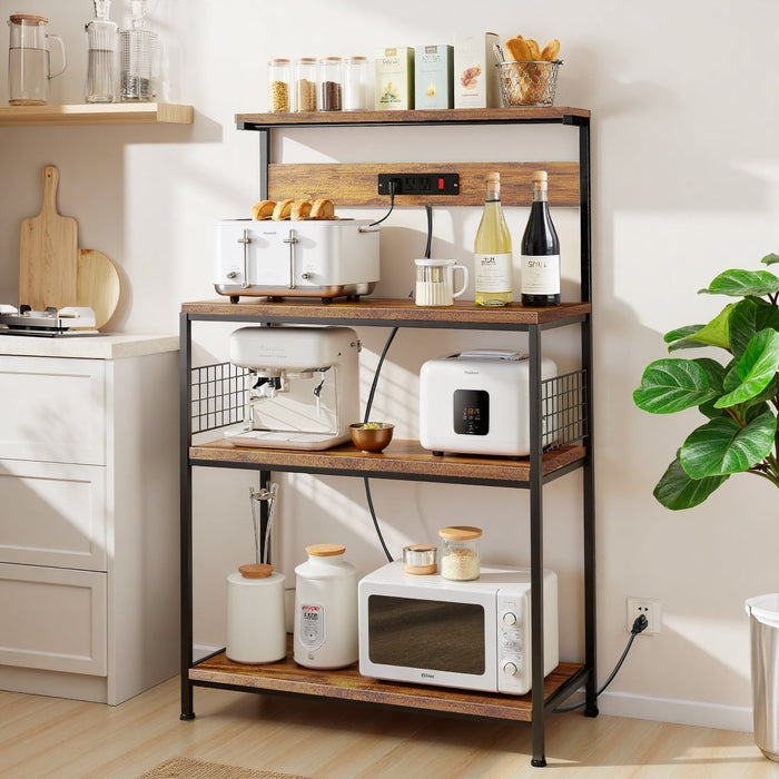 Beddle Kitchen Baker's Rack with Power Outlet, 23" Industrial 4-Tier Storage Shelf, Metal Frame with Gray Wood Shelves