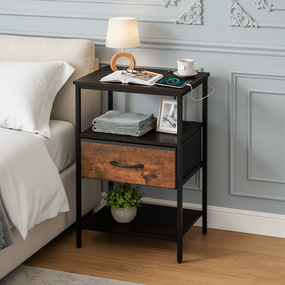 Beddle Nightstand with Charging Station, LED Bedside Table with Fabric Drawer, End Table for Bedroom, Living Room
