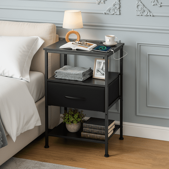 Beddle Nightstand with Charging Station, LED Bedside Table with Fabric Drawer, End Table for Bedroom, Living Room