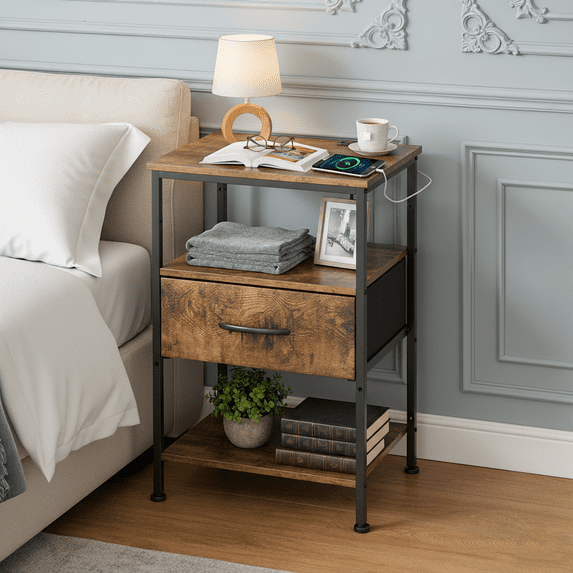 Beddle Nightstand with Charging Station, LED Bedside Table with Fabric Drawer, End Table for Bedroom, Living Room