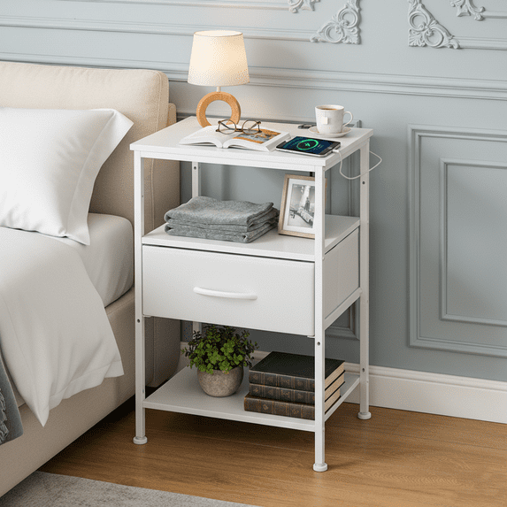 Beddle Nightstand with Charging Station, LED Bedside Table with Fabric Drawer, End Table for Bedroom, Living Room