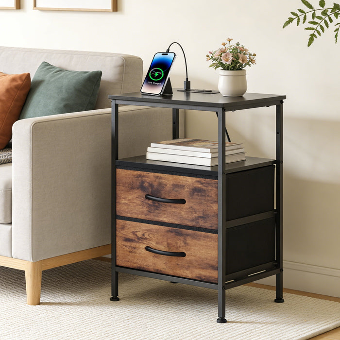 Beddle Nightstand with Charging Station, LED Bedside Table with Fabric Drawer, End Table for Bedroom, Living Room