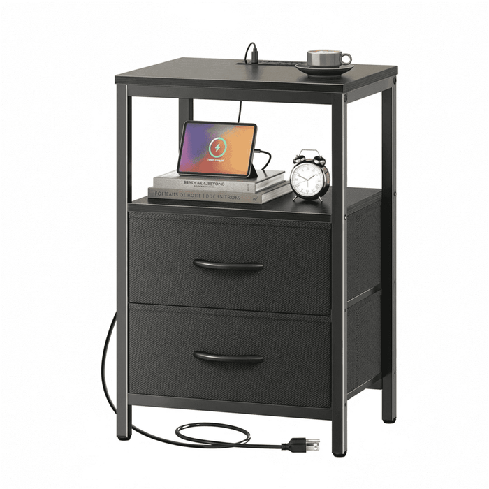 Beddle Nightstand with Charging Station, LED Bedside Table with Fabric Drawer, End Table for Bedroom, Living Room