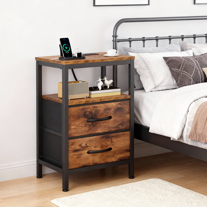 Beddle Nightstand with Charging Station, LED Bedside Table with Fabric Drawer, End Table for Bedroom, Living Room